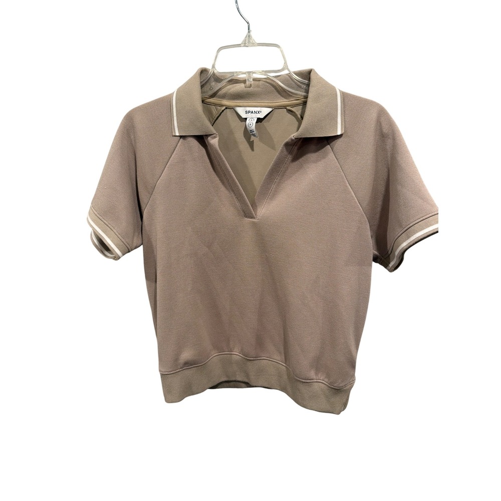 Spanx Polo Shirt Tan AirEssentials Short Sleeve V-Neck Tipped Ribbed Hem Small